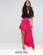 Asos Tall Satin Skirt With Asymmetric Ruffles - Pink