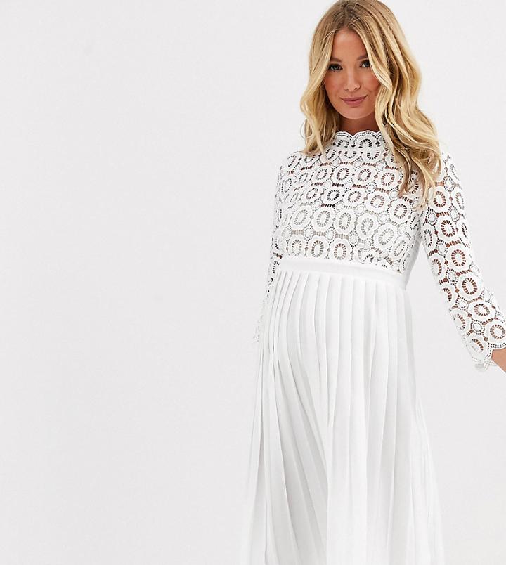 Little Mistress Maternity Midi Length 3/4 Sleeve Lace Dress In White
