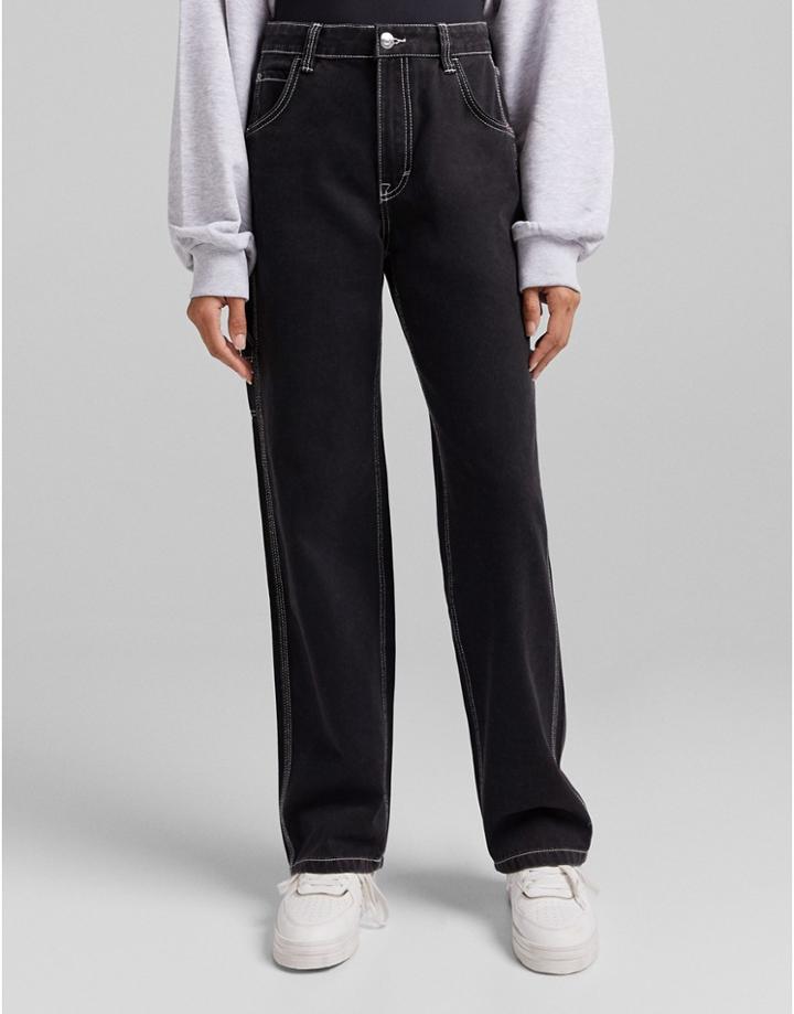 Bershka Contrast Seam Wide Leg Cargo Jean In Black