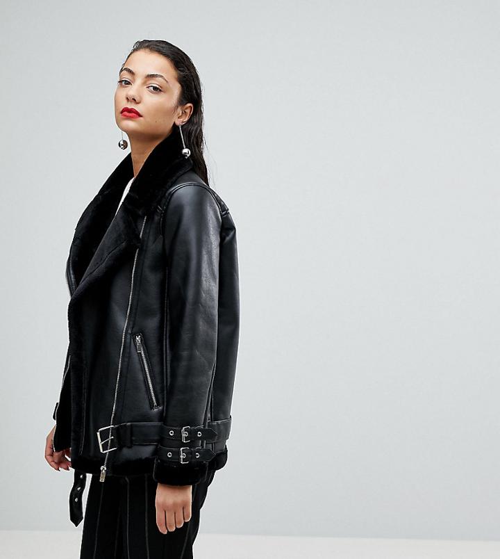 Vero Moda Tall Faux Leather Aviator Jacket - Black