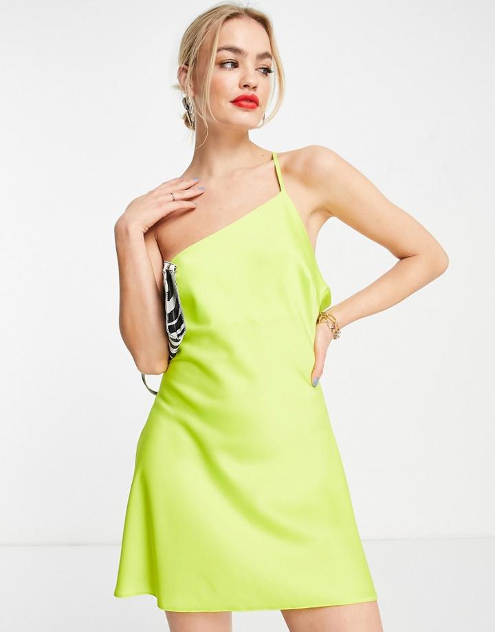 Asos Design Satin Asymmetric Neck Drape Back Mini Dress In Lime-green