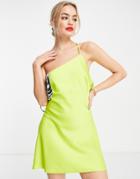 Asos Design Satin Asymmetric Neck Drape Back Mini Dress In Lime-green
