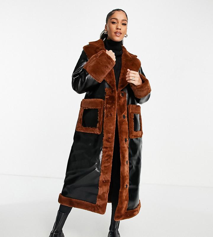 Missguided Faux Fur Trim Vinyl Coat In Black
