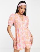 Glamorous Puff Sleeve Romper In 60s Retro Floral-pink