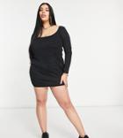 Flounce Plus Scoop Neck Ribbed Mini Dress In Black