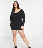 Flounce Plus Scoop Neck Ribbed Mini Dress In Black