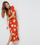 Asos Petite Slinky Maxi Tea Dress With V Neck And Button Detail In Red Floral Print - Red