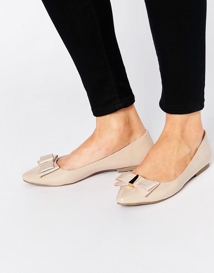 Miss Kg Nessy Bow Front Nude Pantent Pointed Flat Shoes - Beige