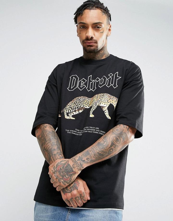 Asos Oversized T-shirt With Detroit Jaguar Print And Half Sleeve - Black