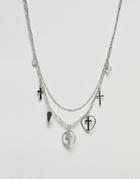 Asos Design Vintage Style Layered Charm Multirow Necklace - Silver
