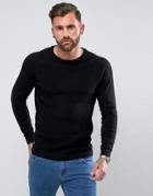 Le Shark Textured Body Sweater With Jersey Raglan Sleeve - Black