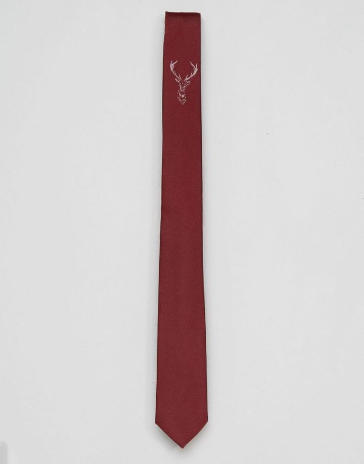 Asos Slim Tie With Placement Stag Print In Burgundy - Red
