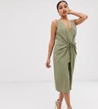 Asos Design Petite Drape Midi Dress With Rope Belt-green