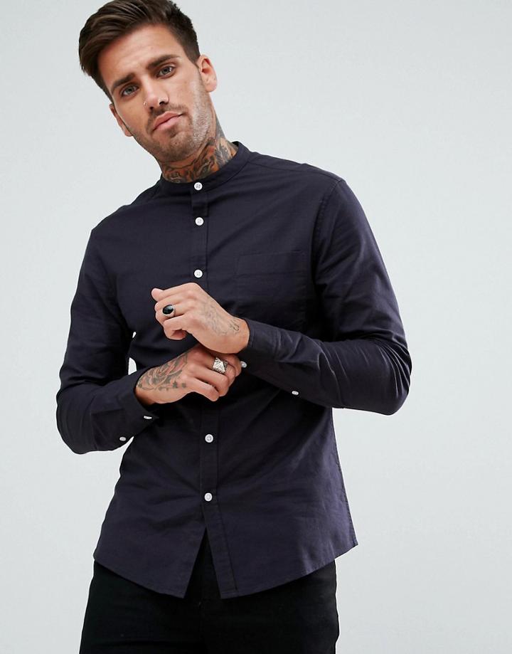 Asos Casual Skinny Oxford In Navy With Grandad Collar - Navy