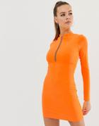 Fashionkilla Zip Front Bodycon Dress In Neon Orange - Orange