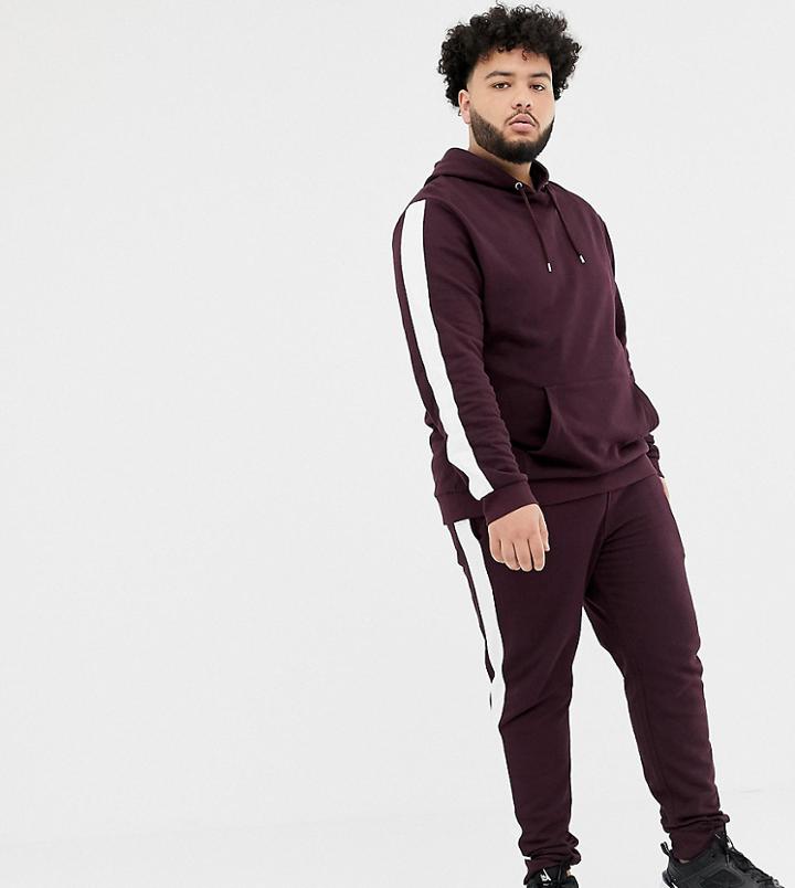 Asos Design Plus Tracksuit Hoodie/skinny Joggers With Side Stripe In Burgundy - Red