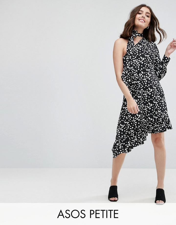 Asos Petite One Sleeve Scarf Neck Tie Midi Polka Dot Tea Dress - Black