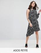 Asos Petite One Sleeve Scarf Neck Tie Midi Polka Dot Tea Dress - Black