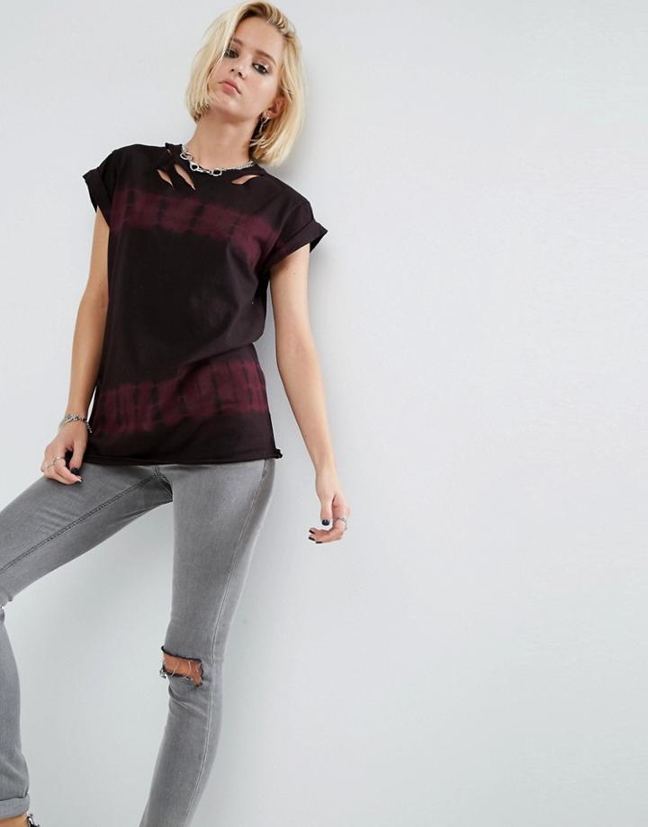 Asos T-shirt In Tie Dye With Distressed Detail - Purple