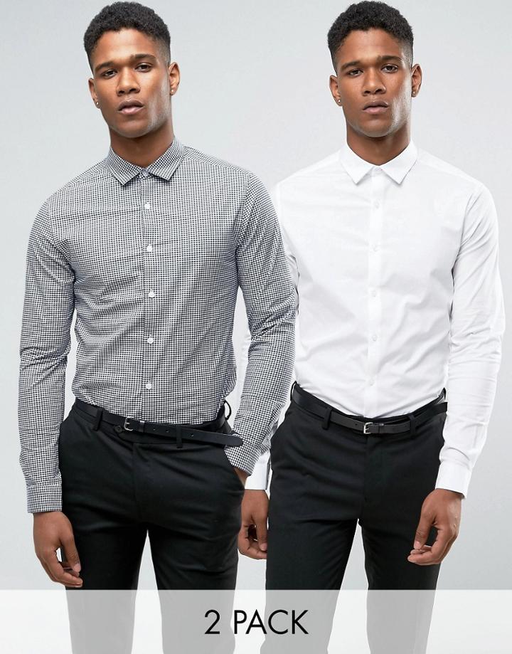 Asos Skinny Shirt In White And Gingham Check Pack - Multi