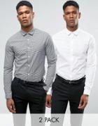 Asos Skinny Shirt In White And Gingham Check Pack - Multi