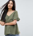 Asos Tall Cotton Smock Top In Dobby Check - Green