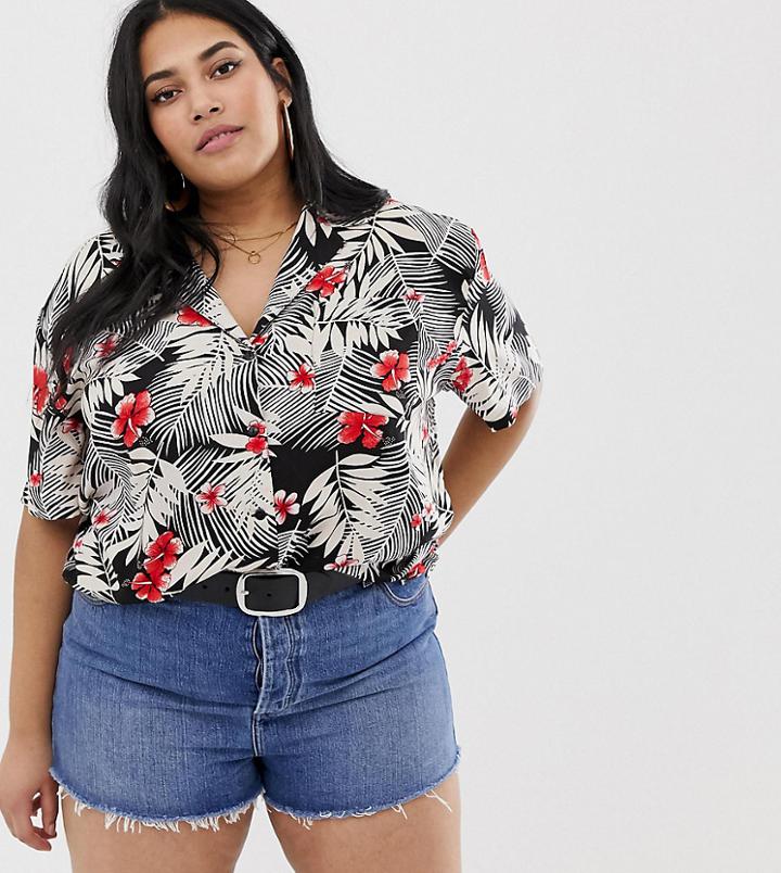Asos Design Curve Hawaiian Shirt In Leaf Print - Multi