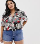 Asos Design Curve Hawaiian Shirt In Leaf Print - Multi