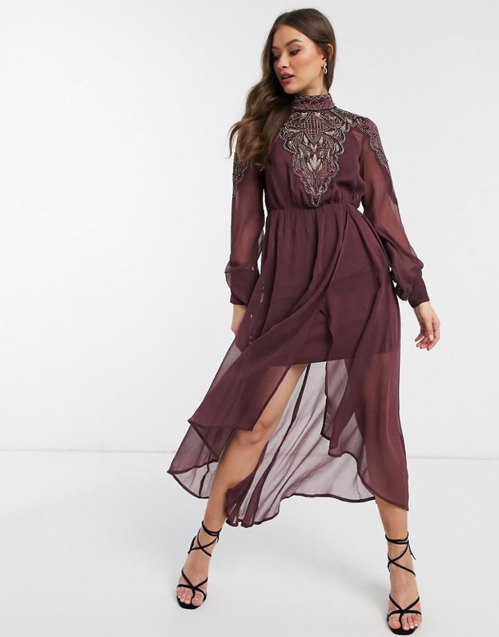 Asos Design Embroidered Yoke Midi Dress