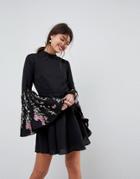 Asos Fluted Sleeve Embroidered Skater Mini Dress - Black