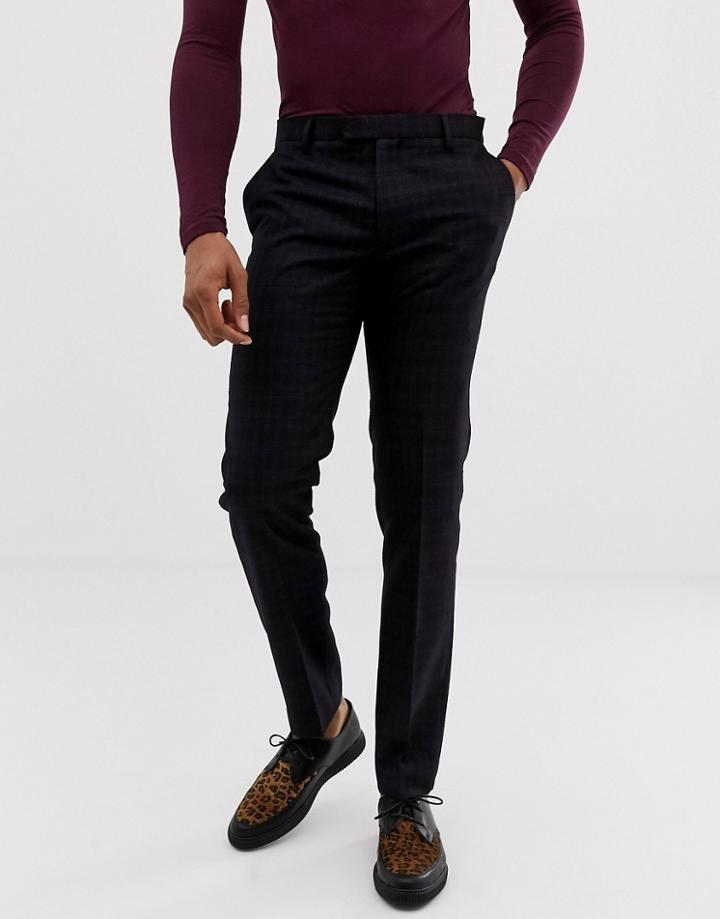 Harry Brown Deep Bordeaux Check Skinny Fit Suit Pants - Blue