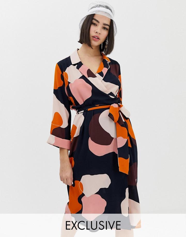 Monki Midi Camo Print Wrap Dress In Navy-multi