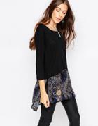 Only Karen Long Boxy Top With Printed Layer - Black