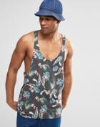 Asos Tank With Floral Print And Raw Edge Extreme Racer Back - Multi