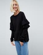 Brave Soul Tulip Sweater With Double Frill Sleeve - Black