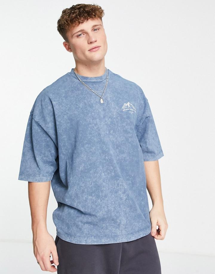 Asos Design Oversized T-shirt In Washed Blue With Mountain Chest Print