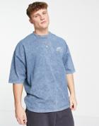 Asos Design Oversized T-shirt In Washed Blue With Mountain Chest Print