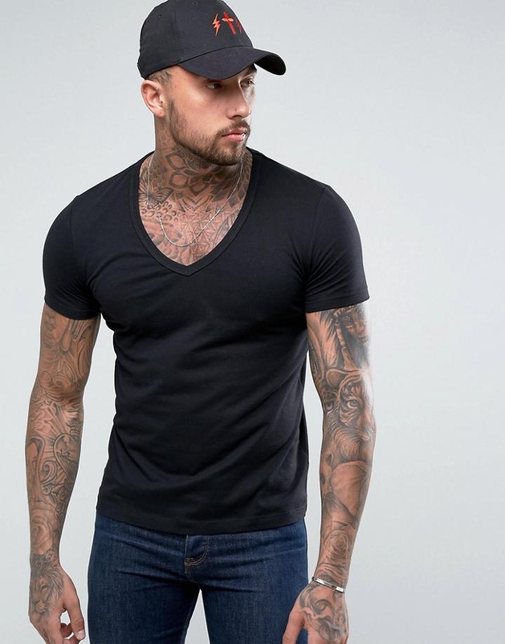 Asos T-shirt With Deep V Neck In Black - Black