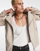 Asos Design Faux Suede Moto Jacket In Stone-neutral