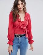 Fashion Union Wrap Front Shirt With Ruffle Layer In Broderie - Red