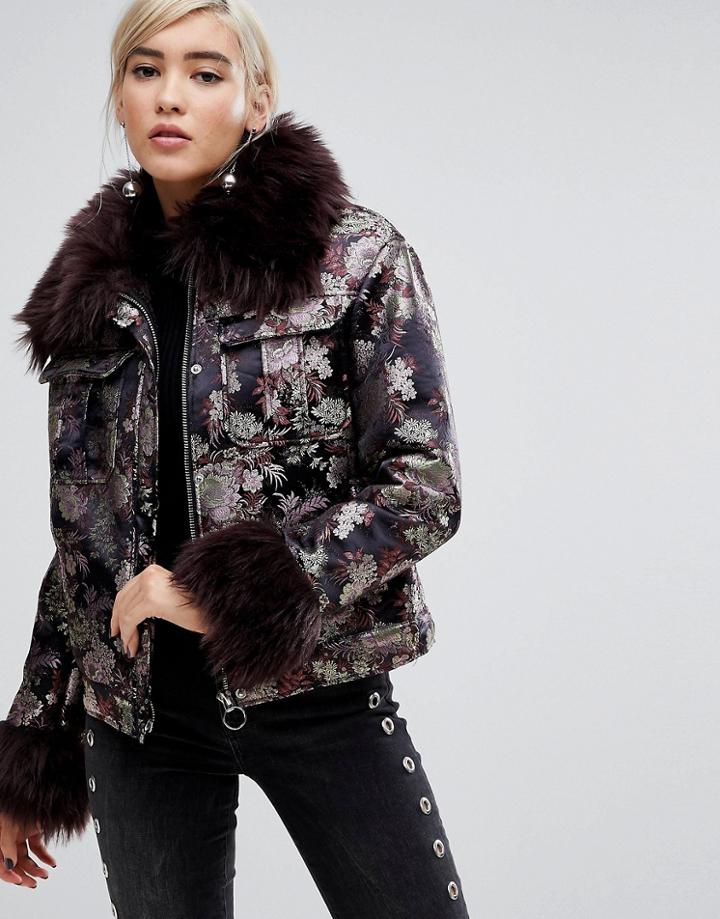 Lost Ink Jacket In Metallic Brocade With Faux Fur Trim - Multi