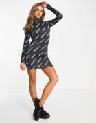 Adidas Originals Logomania Repeat Logo High Neck Ribbed Dress In Black