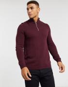 Asos Design Midweight Cotton Half Zip Sweater In Burgundy-red