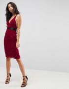 Asos Lace Pencil With Ribbon Ties Midi Dress - Red