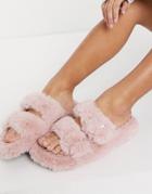 Qupid Fluffy Buckle Slippers In Pink