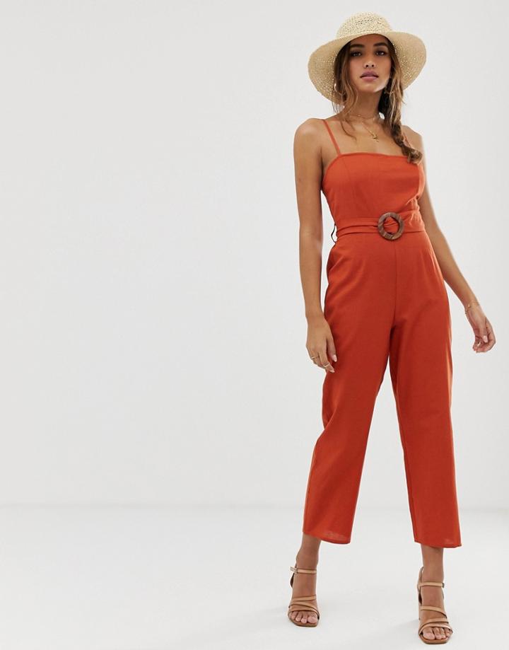 Asos Design Strappy Pinny Belted Jumpsuit - Orange