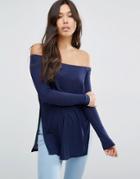 Asos Off Shoulder Slouchy Top With Side Splits - Navy