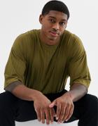 Asos Design Oversized T-shirt In Sheer Stripe In Khaki-green