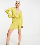 Asos Design Petite Bias Cut Drape Mini Dress With Button Detail In Chartreuse-yellow