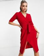 Closet London Pencil Dress With Tie Front In Red